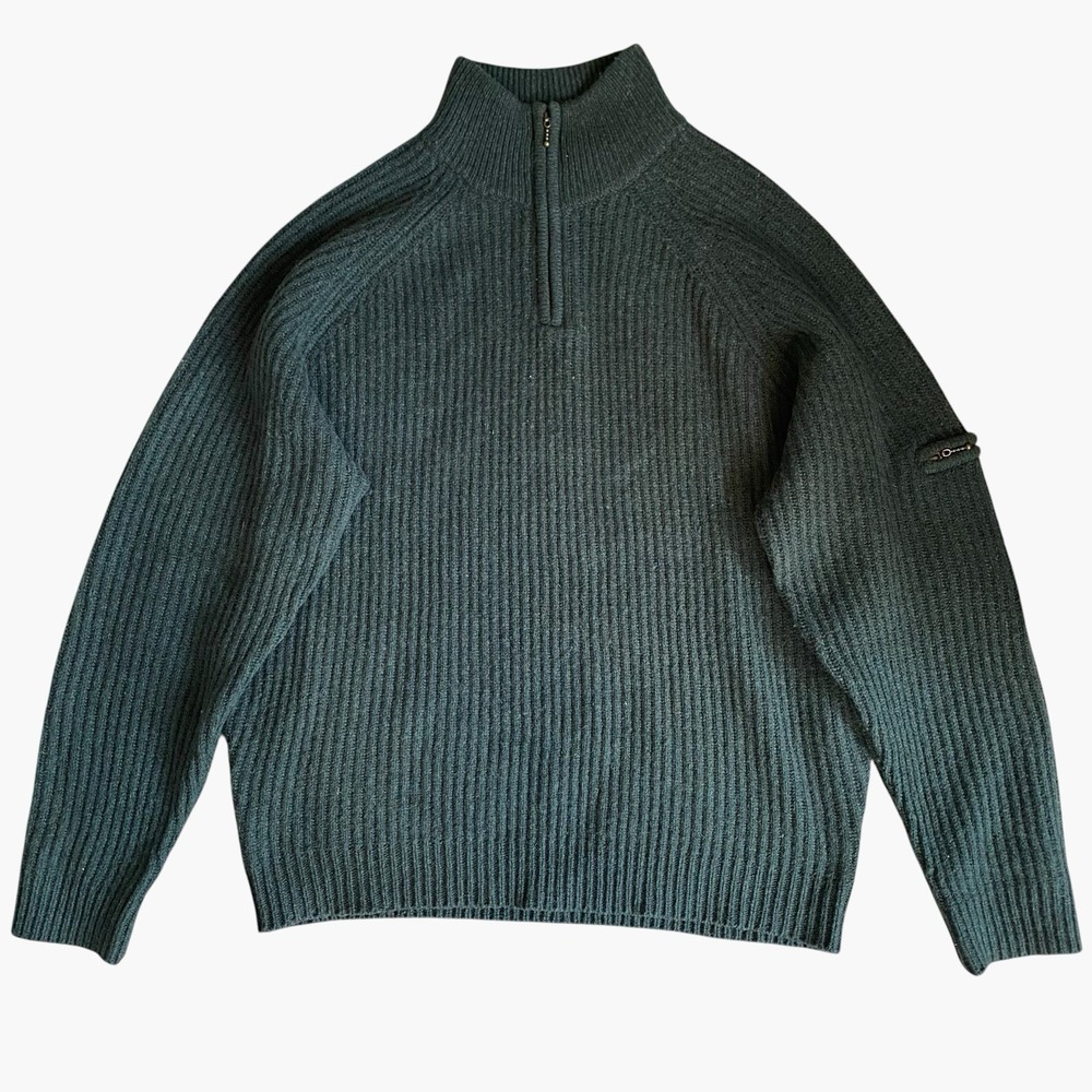 Carraig Donn Wool Ribbed Irish Sweater 1/4 Zip Sz XL Dark Green Made Ireland